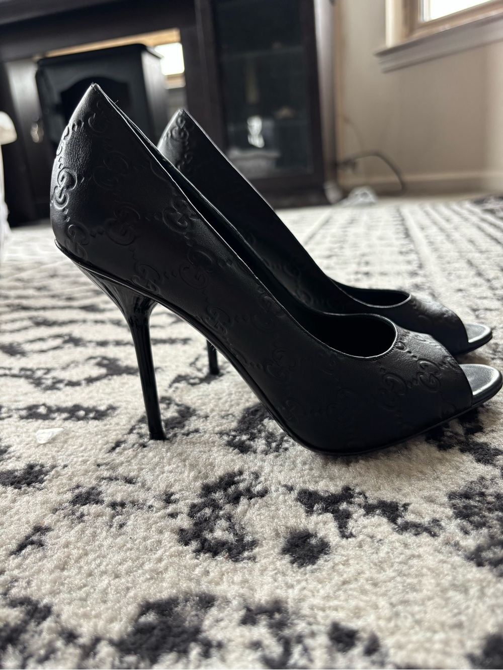 Gucci Black Embossed Peep-Toe Stiletto Heels